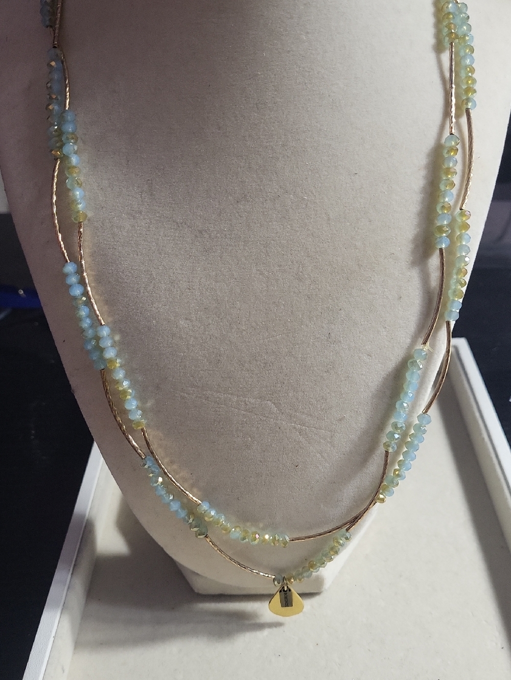 Bohindi Gold-Tone Multi-Strand Necklace with Light Blue and Pale Yellow Beads